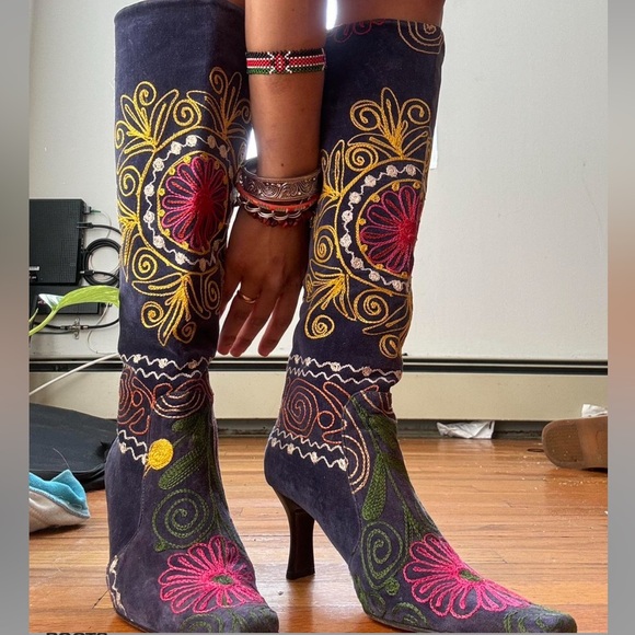 TURKISH 60s NAVY BOHO  western🪬 heeled embroidered BOOTS - Picture 7 of 7